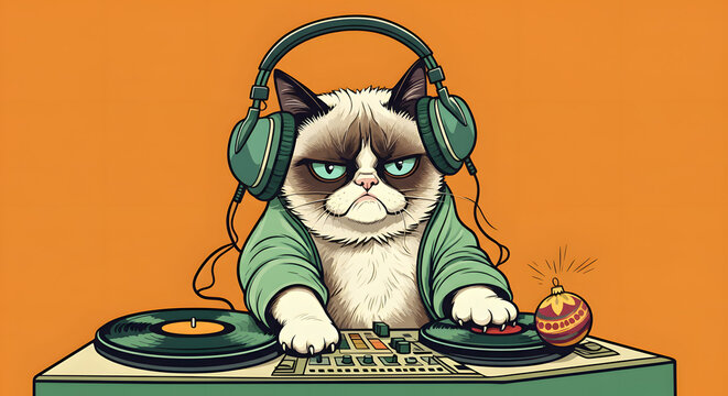 Grumpy cat DJ with headphones at turntables funny music design