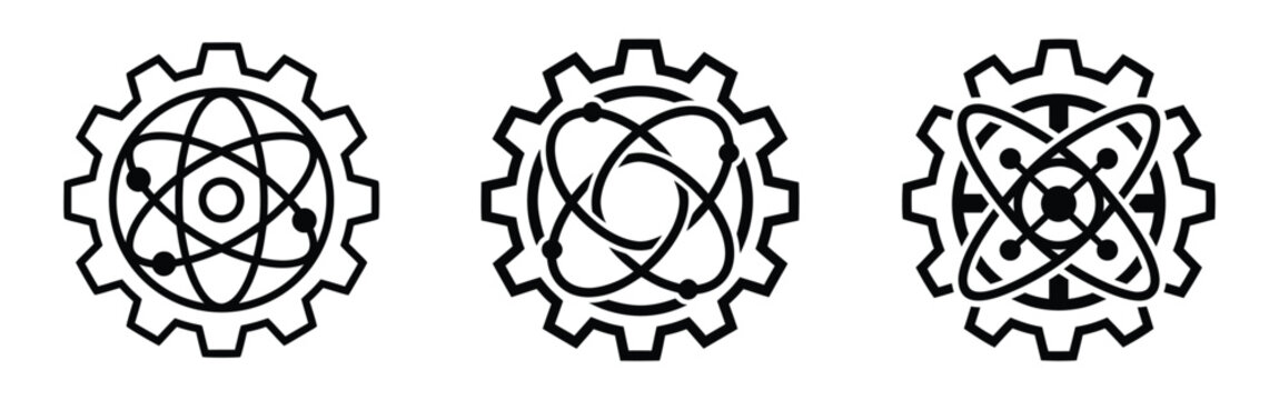 Science Atom Gear Icon, Set with Orbit Lines for Quantum Technology and Engineering Branding