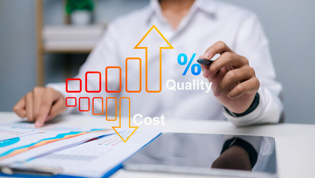 businessman hand analyzing cost reduction and quality increase graph on digital tablet screen, financial optimization strategy and budget planning in a modern business office.