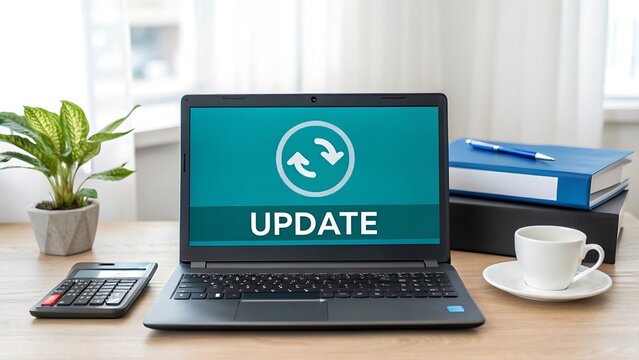 Laptop displaying update icon and text on a light colored wooden surface computer notebook workstation desktop technology device screen display circular icon