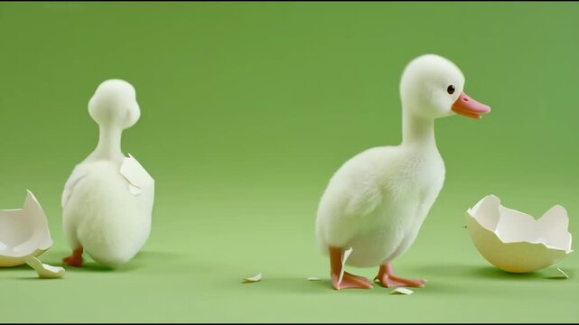 White Ducklings Hatching from Broken Egg Shells on Minimalist Green Studio Background 3D Render