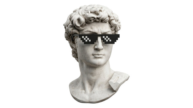 Bust of David statue wearing thug life pixel sunglasses isolated on transparent background.