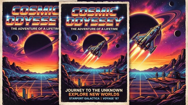 Retro cosmic travel poster with vibrant sunset and spaceship design