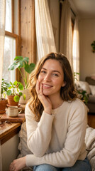 Fototapeta premium Natural beauty portrait of a smiling woman in a cozy home setting