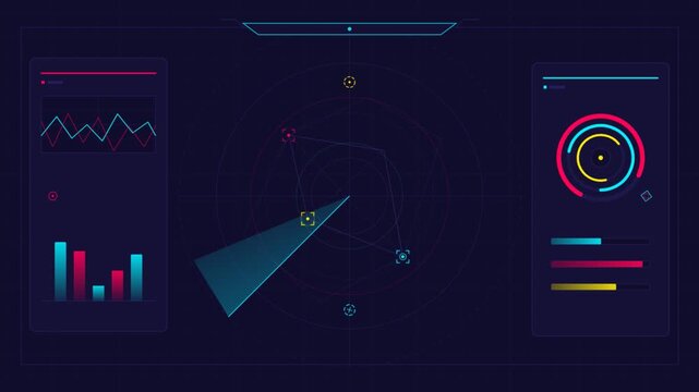 Digital HUD radar interface scanning data visualization charts on dark background.