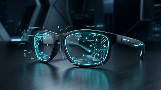 Futuristic glasses displaying digital dashboard interface on lenses.