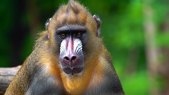 Close-up side profile of a male mandrill primate featuring distinct blue and red facial markings and thick brown fur against a blurred green tropical forest background.