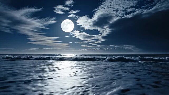 Full moon illuminates calm ocean waves under a dramatic cloudy night sky.
