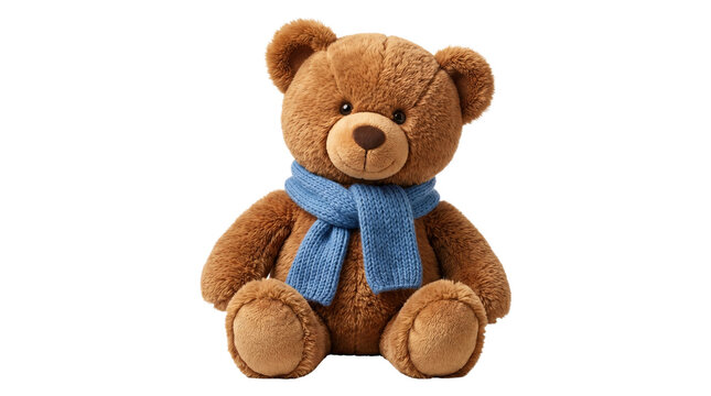 Cute brown fluffy teddy bear wearing cozy blue knitted scarf isolated on a plain transparent background file.