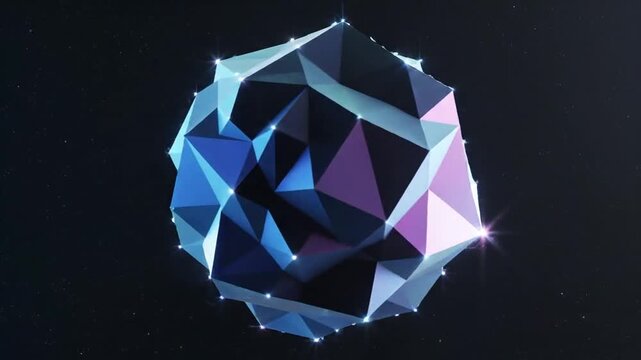 Geometric polyhedron with glowing points of light against a dark starry background representing abstract space and digital concepts Keywords: abstract, geometric, polyhedron, crystal, diamond