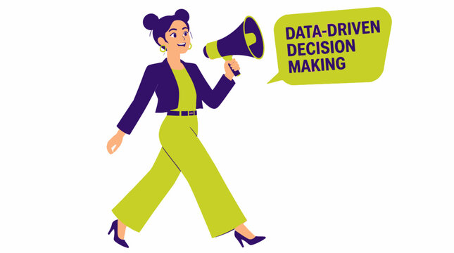 Confident woman holding megaphone for data driven decision making.