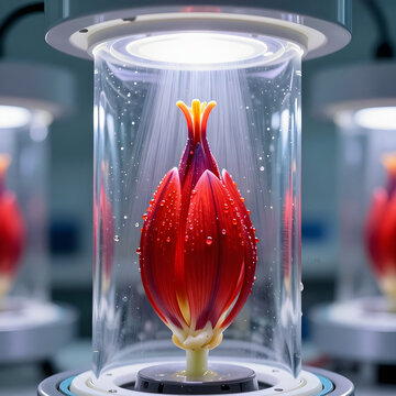 Extreme macro of vibrant red saffron threads blooming from a hydro-bulb suspended in a glowing ultrasonic misting chamber.