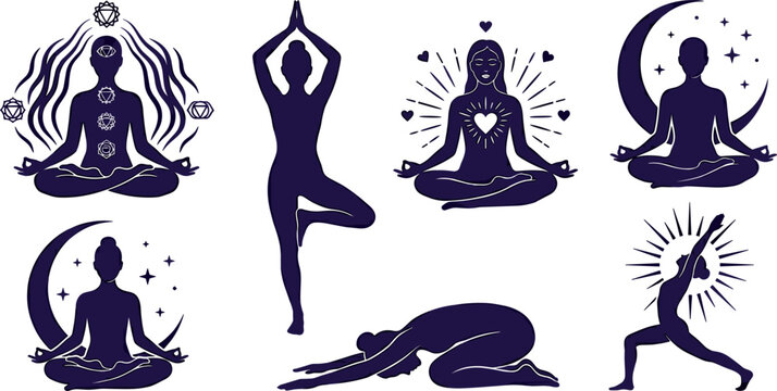 Yoga and Meditation Icon Set with Chakra Balancing, Mindfulness Poses, Spiritual Moon Meditation, Heart Healing, and Mental Wellness Conceptual Silhouette Vector Graphics
