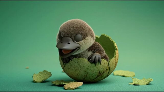 Baby platypus hatching from green eggshell on mint background, cinematic 3D character animation