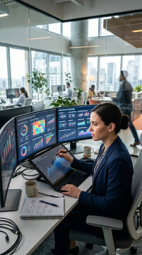 Data analyst examining large-scale business intelligence dashboards with abstract charts and metrics, modern office setting, strategic decision-making and digital economy concept