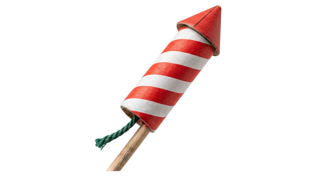 Red and white striped firework rocket with green fuse isolated on transparent background.