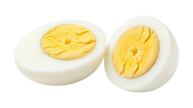 Two halves of hard boiled chicken egg with bright yellow yolk showing inside isolated on transparent background.
