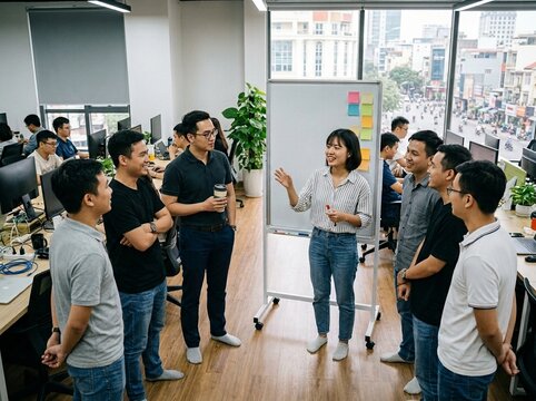 Vietnamese Tech Team Morning Standup in Ho Chi Minh City | Southeast Asia Startup Stock Photo
