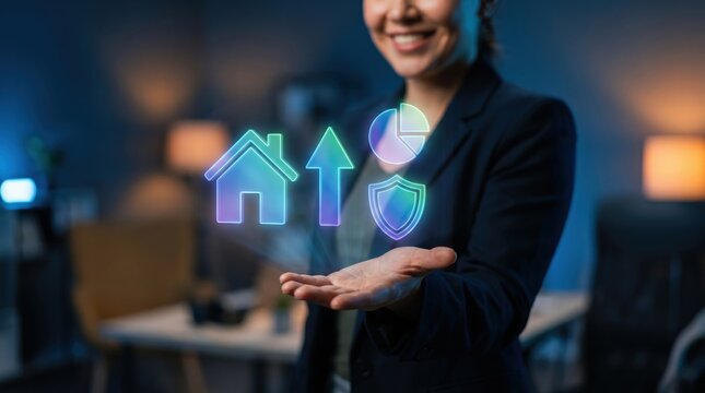 Happy Businessman Gesturing at Vibrant 2D Holographic Icon Cluster of Residential Building, Growth Arrow, Pie Chart, and Shield for Real Estate Investment, Financial Planning, and Data Protection Conc