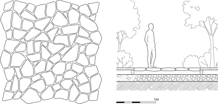 Architectural drawing of a natural stone paving pattern and a crosssection detail of a pedestrian walkway construction