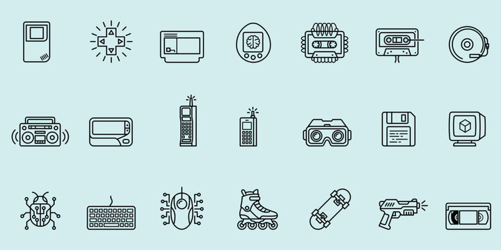 Collection of vintage electronic gadgets and classic technology line icons including old phone, audio cassette, computer hardware, and lifestyle items.
