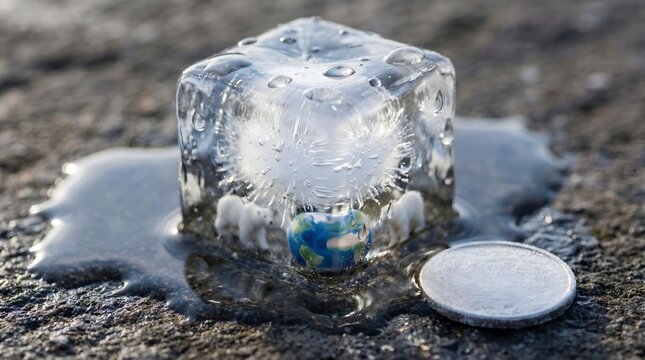 Melting ice cube with Earth inside, symbolizing global warming & climate change, on a wet surface next to a coin, representing economic impact of environmental issues and urgent need for conservation
