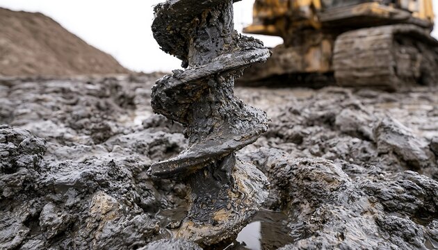 Close-up of a large auger drill bit covered in mud at a construction site with heavy machinery in the background.