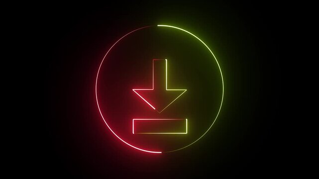 glowing neon download sign animation icon sign symbol on black background.