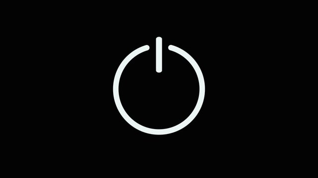 Animated power button line icon looping motion graphic element, turn on or off switch white symbol on black background 4k video.