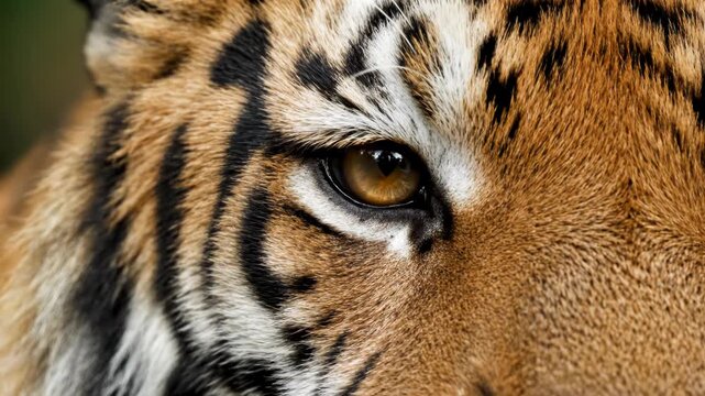 Extreme close-up of a Bengal tiger eye, featuring detailed orange, white, and black striped fur patterns, macro texture of the iris and surrounding facial hair of the wild predator.