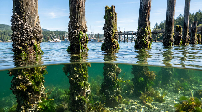 Water line macro view of rustic wooden harbor posts covered in barnacles and emerald moss