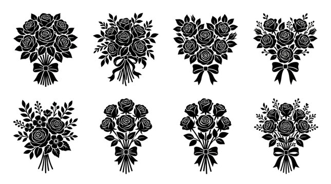 Set of elegant black rose bouquet illustrations with bows for decorative designs.