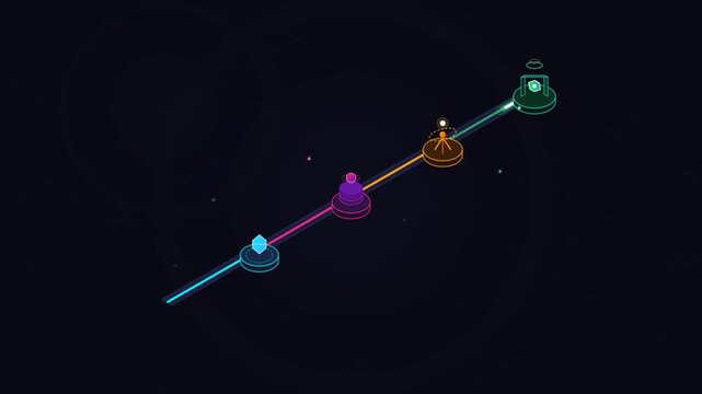 Isometric data flow line connecting colorful nodes on dark background showing sequential process milestones and digital connectivity.