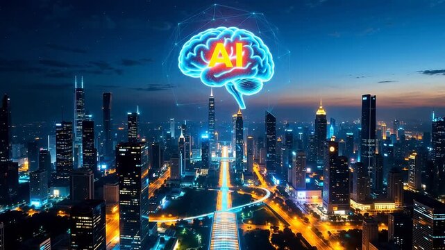 AI brain over city skyline at night