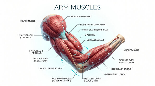 Detailed medical illustration showing human arm muscles with anatomical labels highlighting biceps triceps deltoid and various forearm muscle connection points
