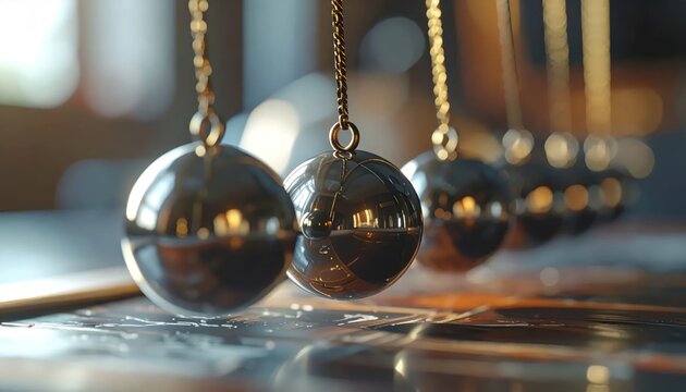 Close-up of shiny metallic pendulums on desk surface.