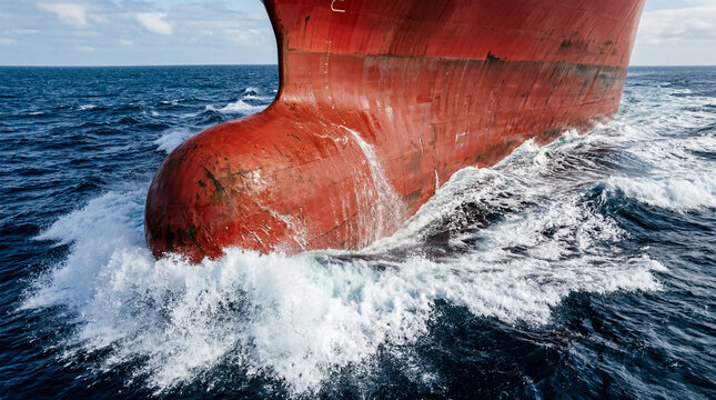 Close up view of the massive generic red bulbous bow container ship cutting through water