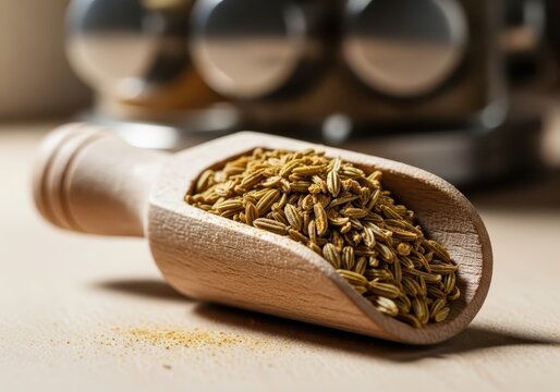 Close-up of Aromatic Fennel Seeds in a Traditional Wooden Scoop on a Kitchen Countertop