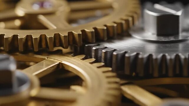 Close-up macro view of interlocking brass and steel gears in a mechanical clockwork mechanism with shallow depth of field and warm golden tones Keywords: gears, clockwork, mechanism, mechanical