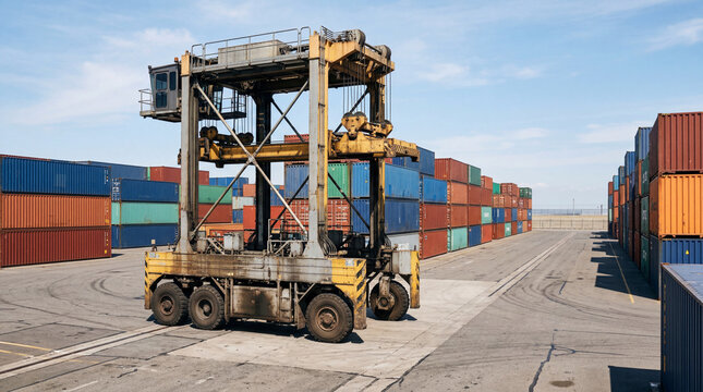 Commercial Freight Stock Image Showing Giant Straddle Carrier Machinery Positioned Between Heavy Metal Shipping Containers