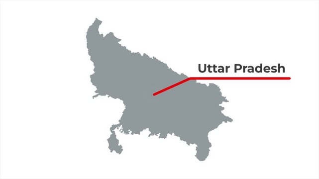 Uttar Pradesh India map animation featuring a minimalist gray state silhouette with a red callout line and blinking target location dot on a white background
