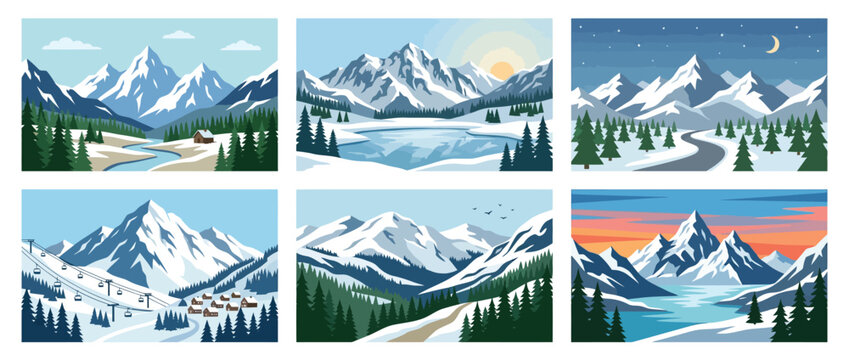 Set of Flat Vector Landscapes with Snowy Mountain Ranges and Winter Scenery