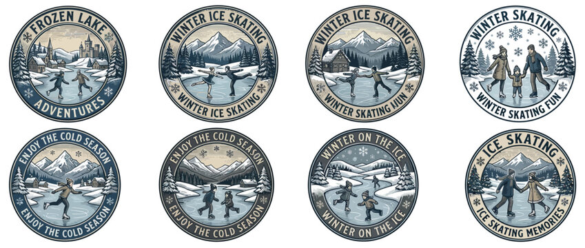 Set of Vintage Winter Ice Skating Badges and Round Emblems with Landscape Illustrations