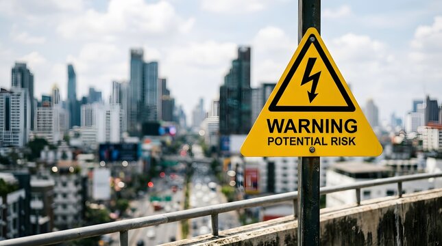 Warning sign on bridge with cityscape background &ndash; Smart City Architecture and Urban Development Concept
