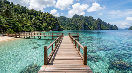Fototapeta premium Pristine wooden floating dock extending into a clear tropical lagoon exotic coastal luxury resort background