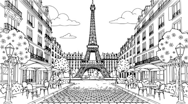 Paris street with Eiffel Tower, cityscape illustration
