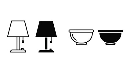 Fototapeta premium Set of vector icons featuring a desk lamp and a bowl in outline and solid black styles for interior design and decorative elements