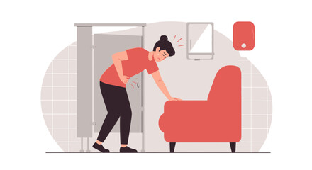Fototapeta premium Woman Experiencing Abdominal Pain and Supporting Herself Near Restroom and Sofa