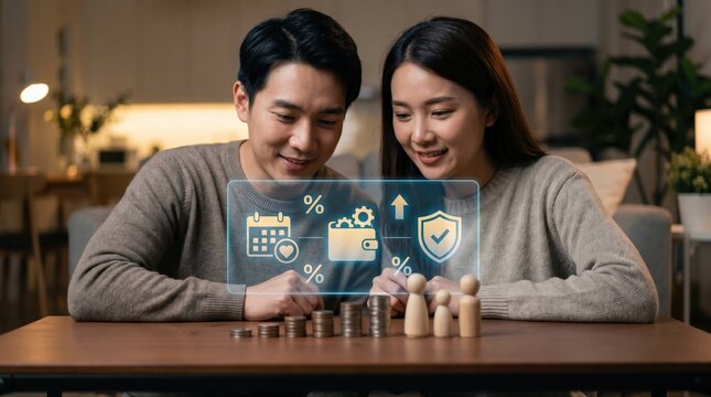 Asian Couple Financial Planning Concept with Holographic Budget Display, Minimalist Wooden Family Figures, and Wealth Coins for Future Investment Insurance, Savings, and Wealth Management Success