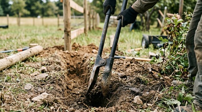 Person using post hole diggers to dig a hole in the ground for fence installation